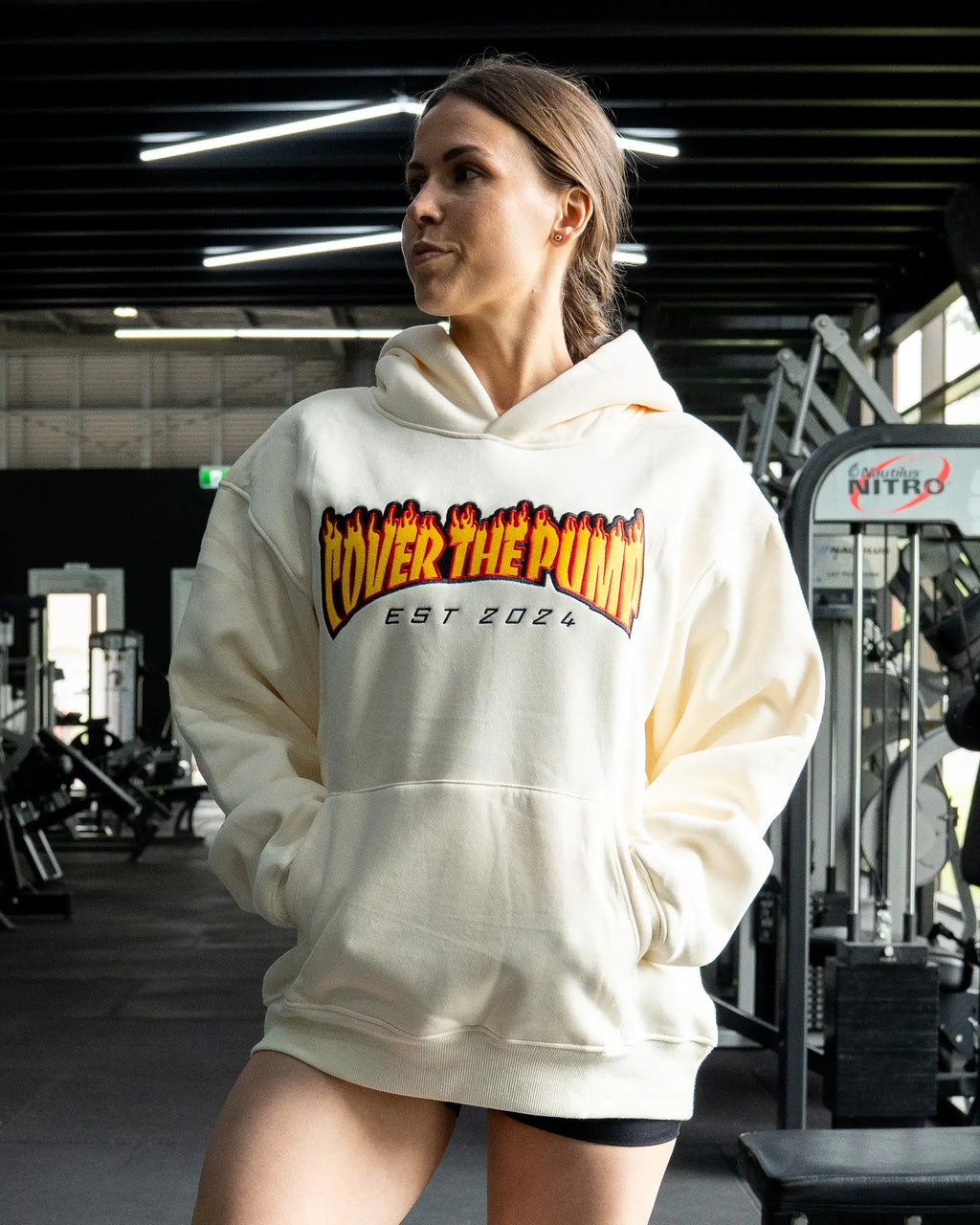 EMBROIDERED"INFERNO" UNISEX HOODIE IN CREAM X YELLOW FLAMES COVERTHEPUMP
