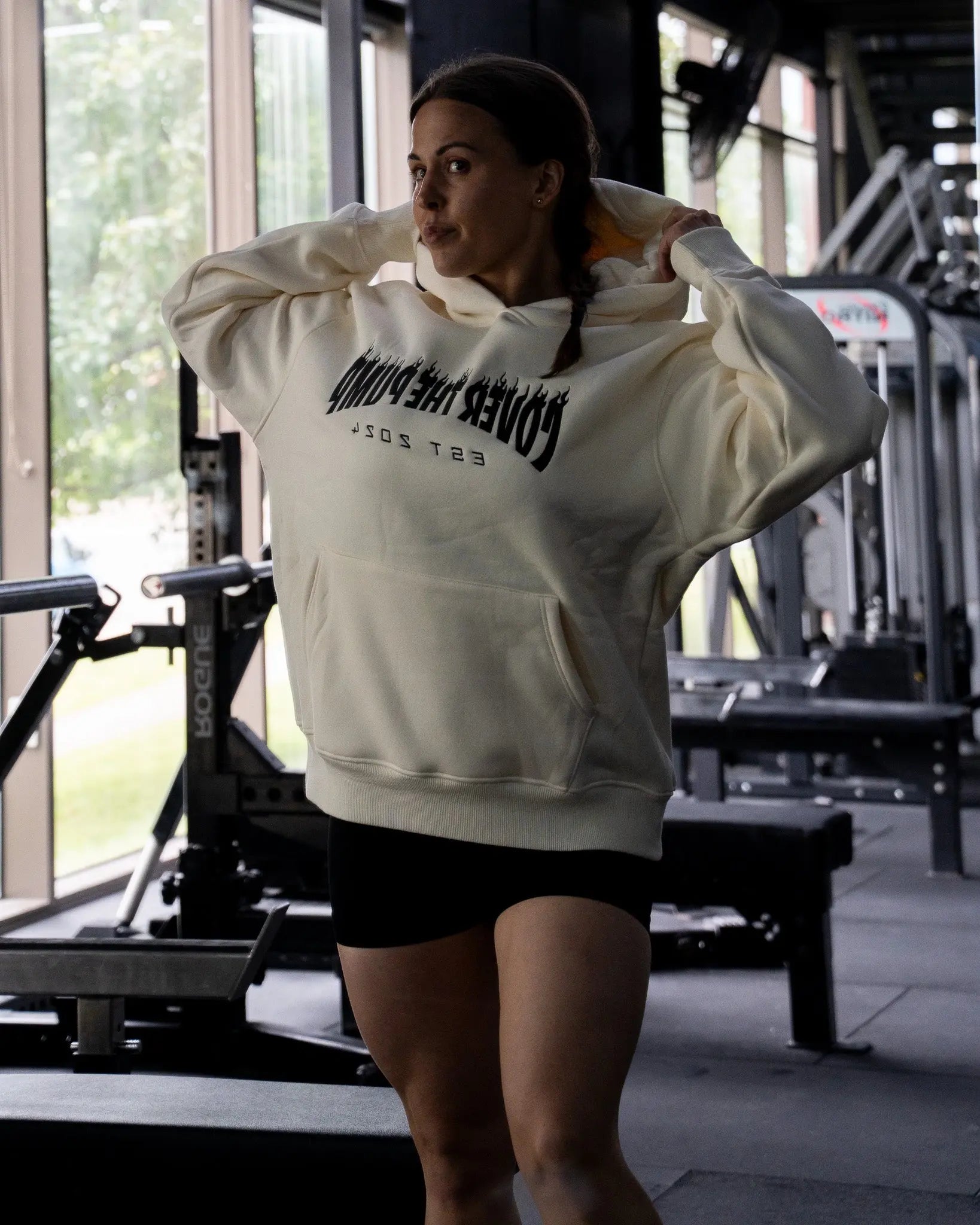 EMBROIDERED"INFERNO" UNISEX HOODIE IN CREAM X BLACK FLAMES COVERTHEPUMP