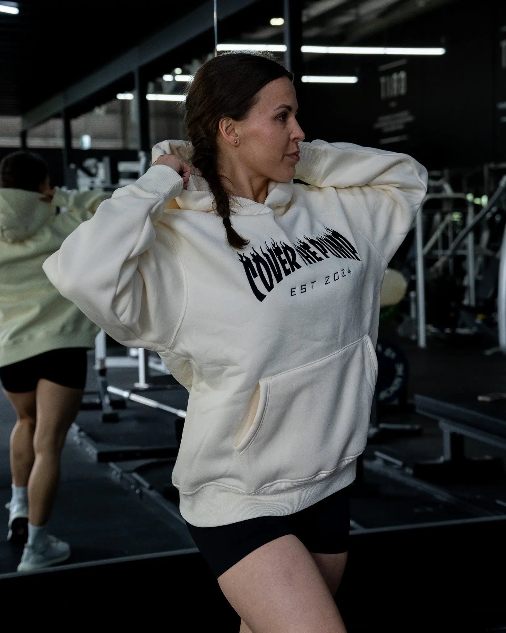 EMBROIDERED"INFERNO" UNISEX HOODIE IN CREAM X BLACK FLAMES COVERTHEPUMP
