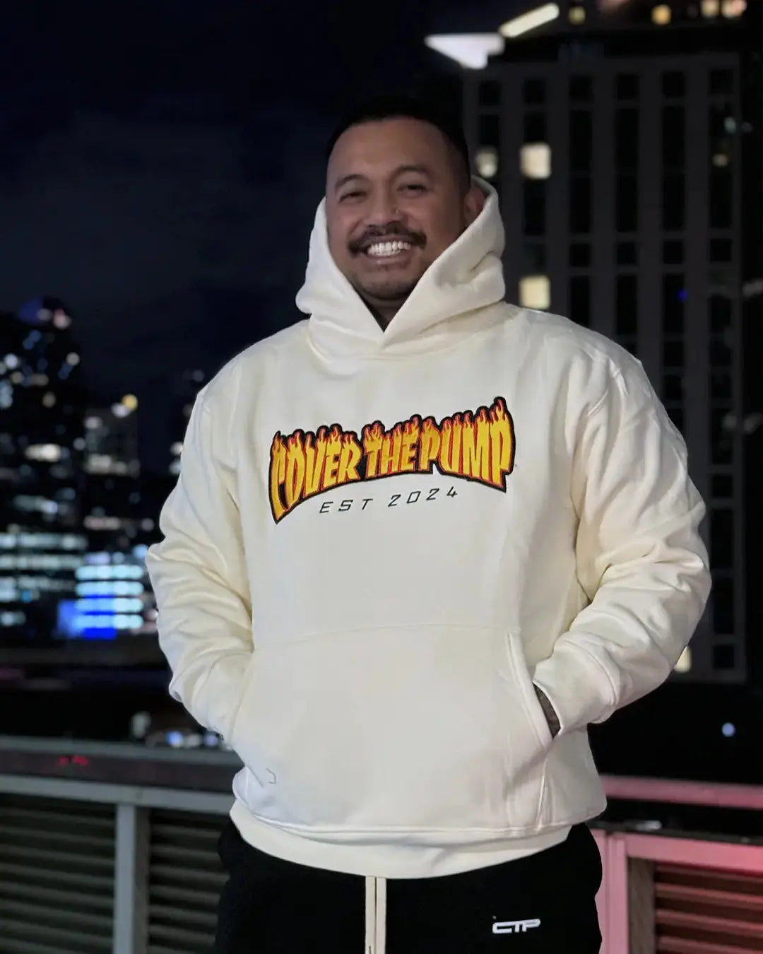 EMBROIDERED"INFERNO" UNISEX HOODIE IN CREAM X YELLOW FLAMES COVERTHEPUMP